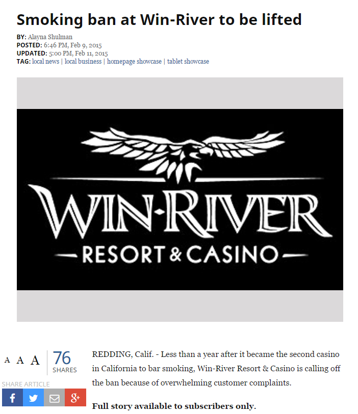 Win River Casino dumps smoking ban…